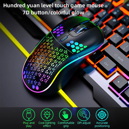 Gaming mouse with colorful LED lights on a keyboard