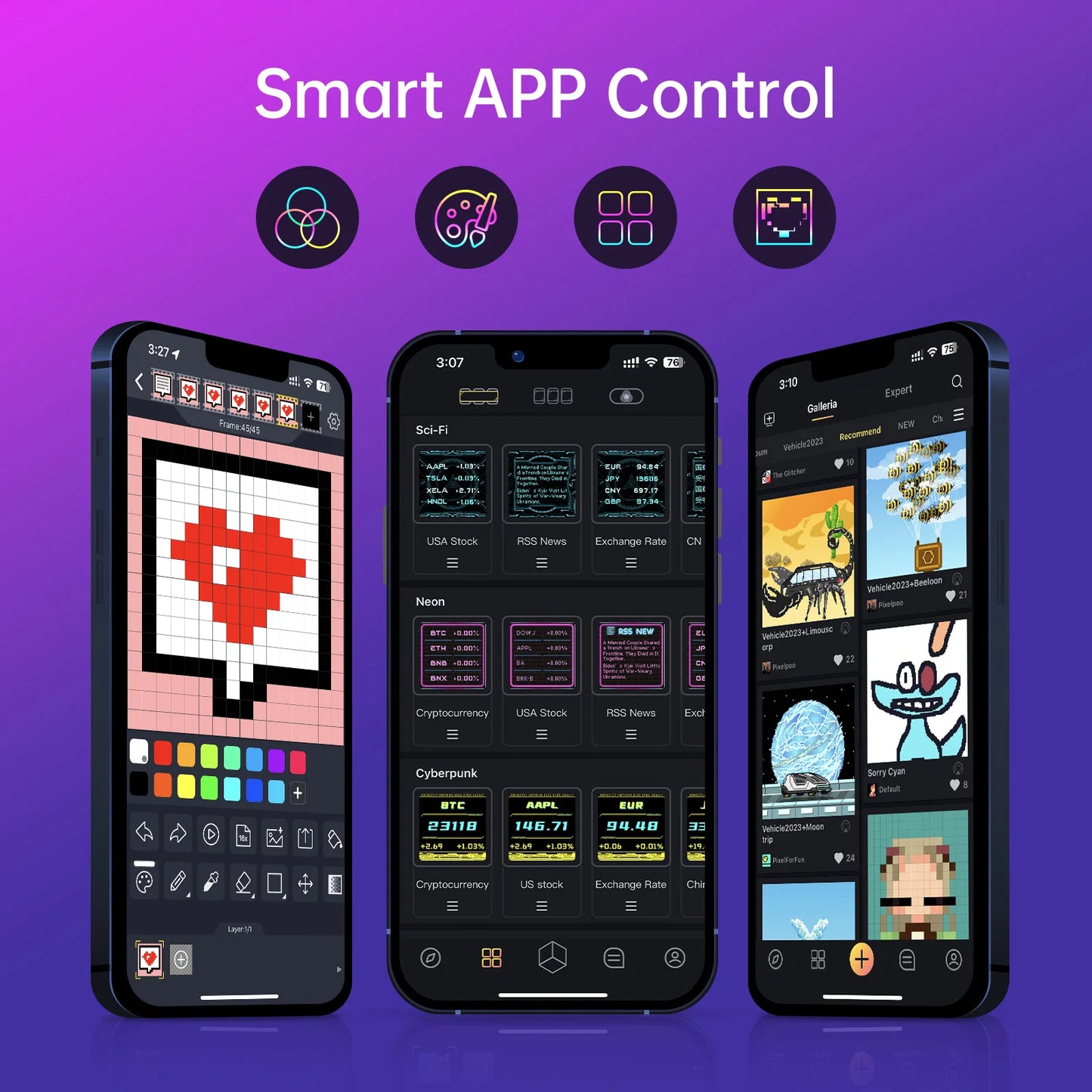 Three smartphones displaying different app interfaces on a purple background with 'Smart APP Control' text.