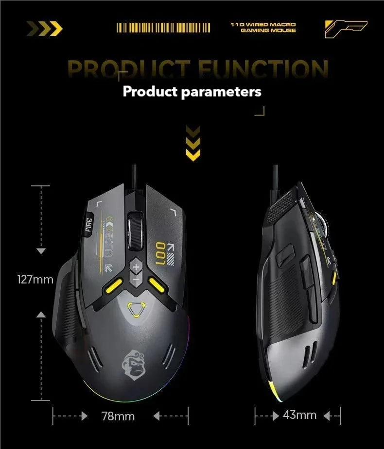 Gaming mouse with product parameters on a black background