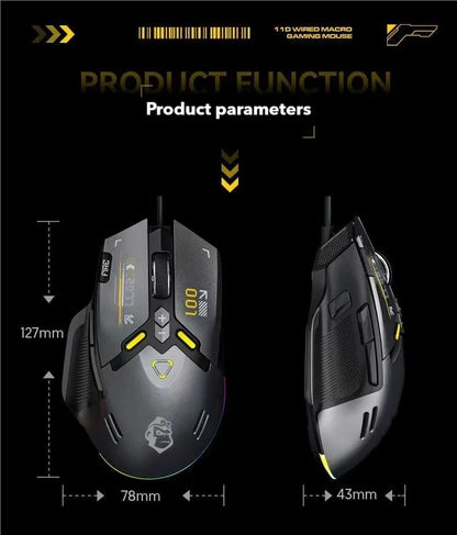 Gaming mouse with product parameters on a black background