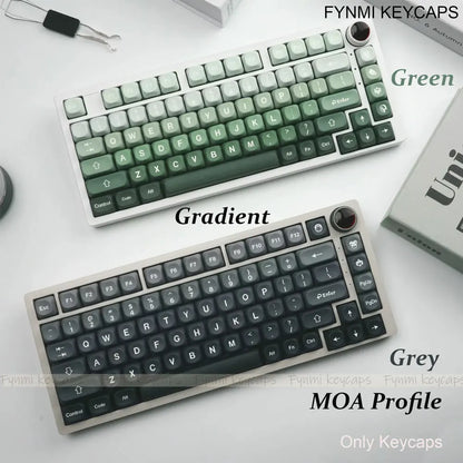 Two mechanical keyboards with gradient and gray keycaps on a white surface, featuring FYNMI Keycaps branding.