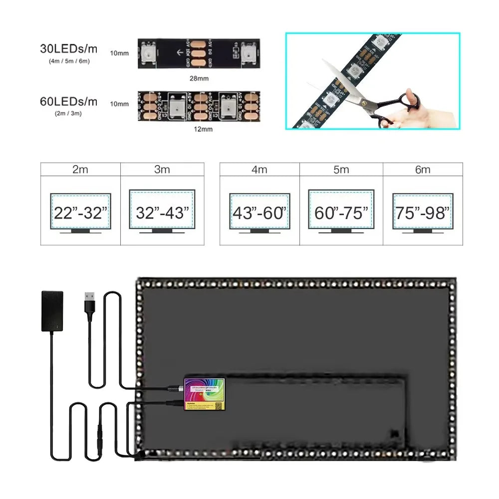 LED strip lights with connectors, cuttable feature, and measurement chart on a white background