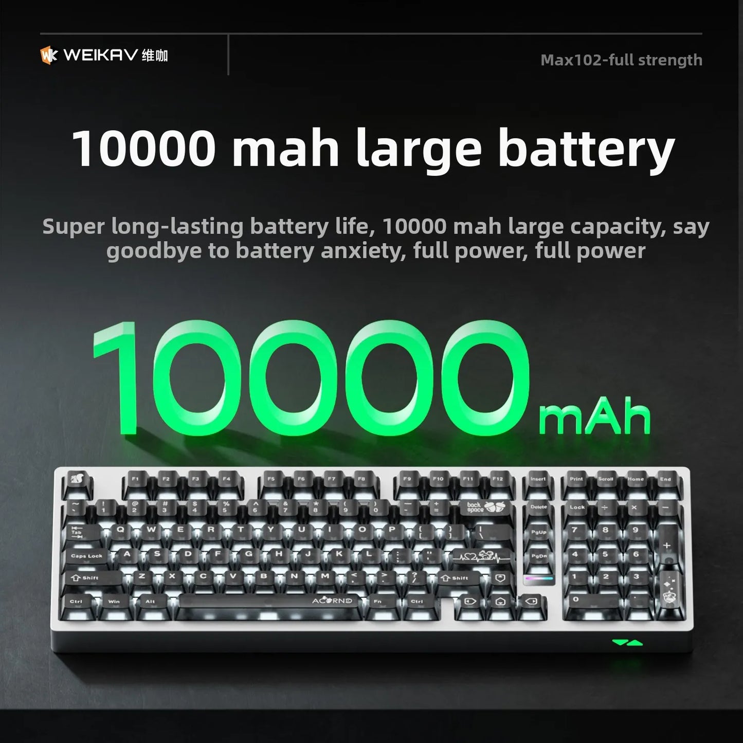 Mechanical keyboard with 10000 mAh battery capacity display on a dark background