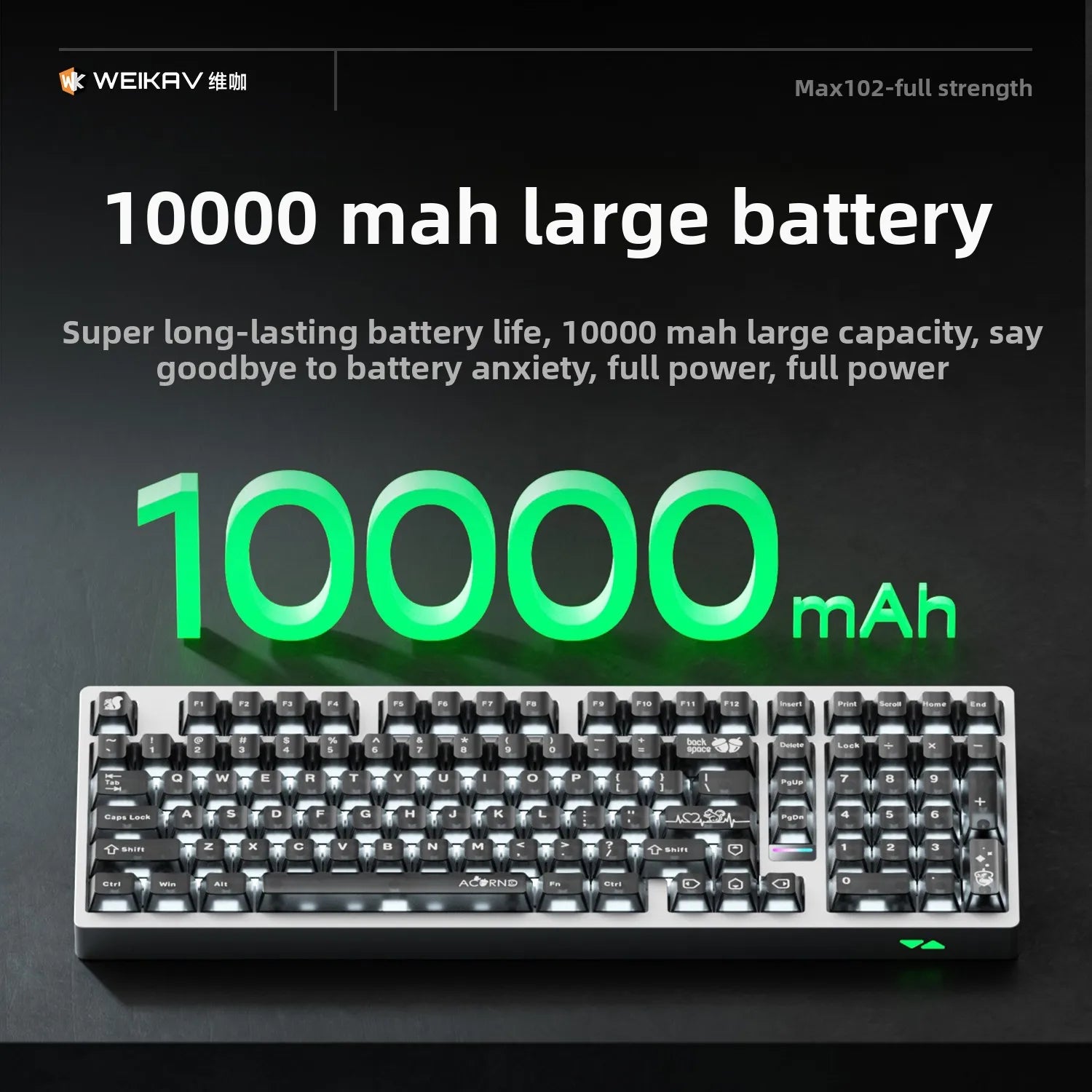 Mechanical keyboard with 10000 mAh battery capacity display on a dark background