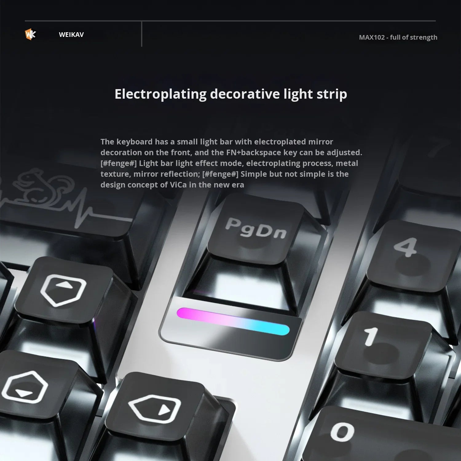 Close-up of a keyboard with electroplating decorative light strip