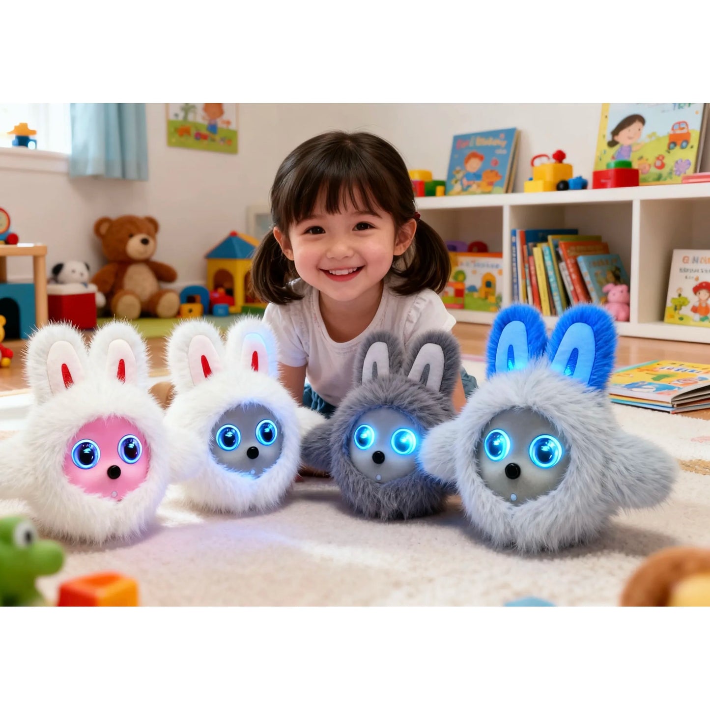 Child with four fluffy robot toys in a playroom setting