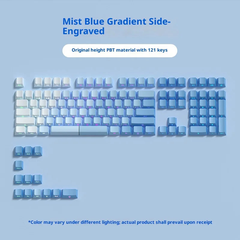 Mechanical keyboard with mist blue gradient side-engraved design on a light blue background