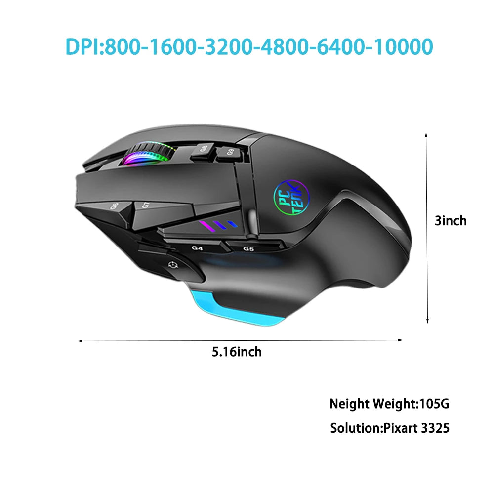 Gaming mouse with DPI options and dimensions on a white background