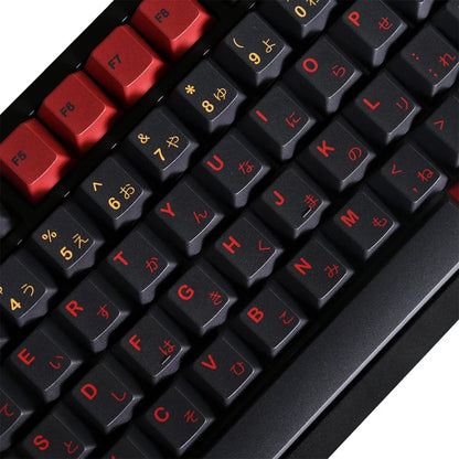 Close-up of a mechanical keyboard with red and yellow keys on a white background