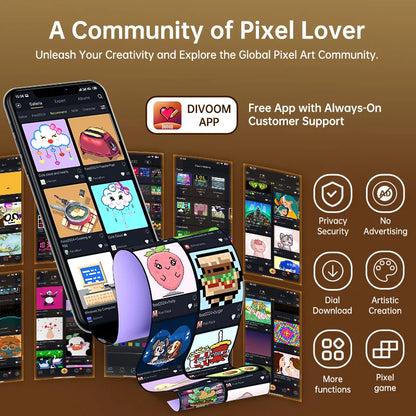 Promotional image of a smartphone displaying pixel art with the Divoom app logo and features listed.