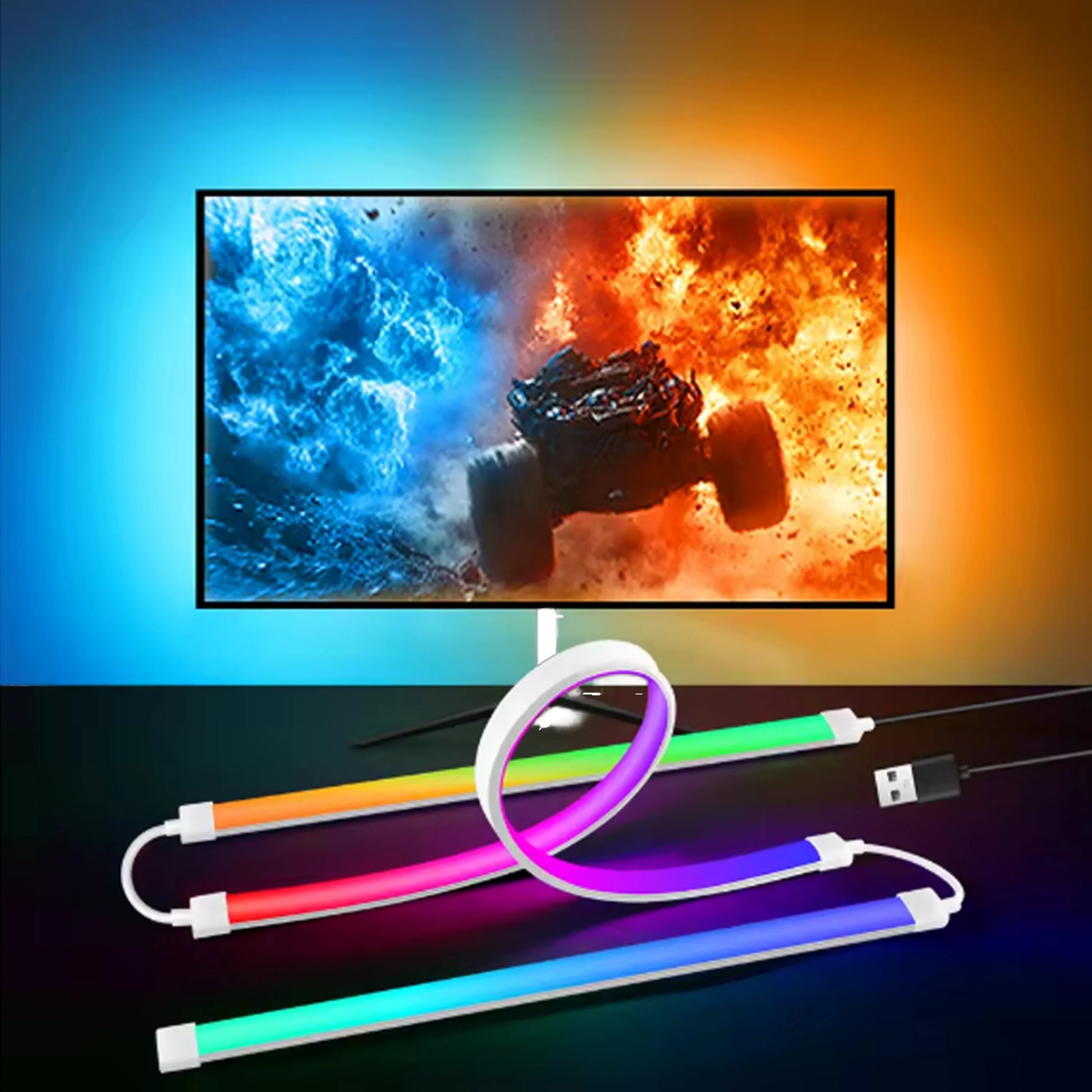 Colorful LED strips in front of a monitor displaying a fiery scene.