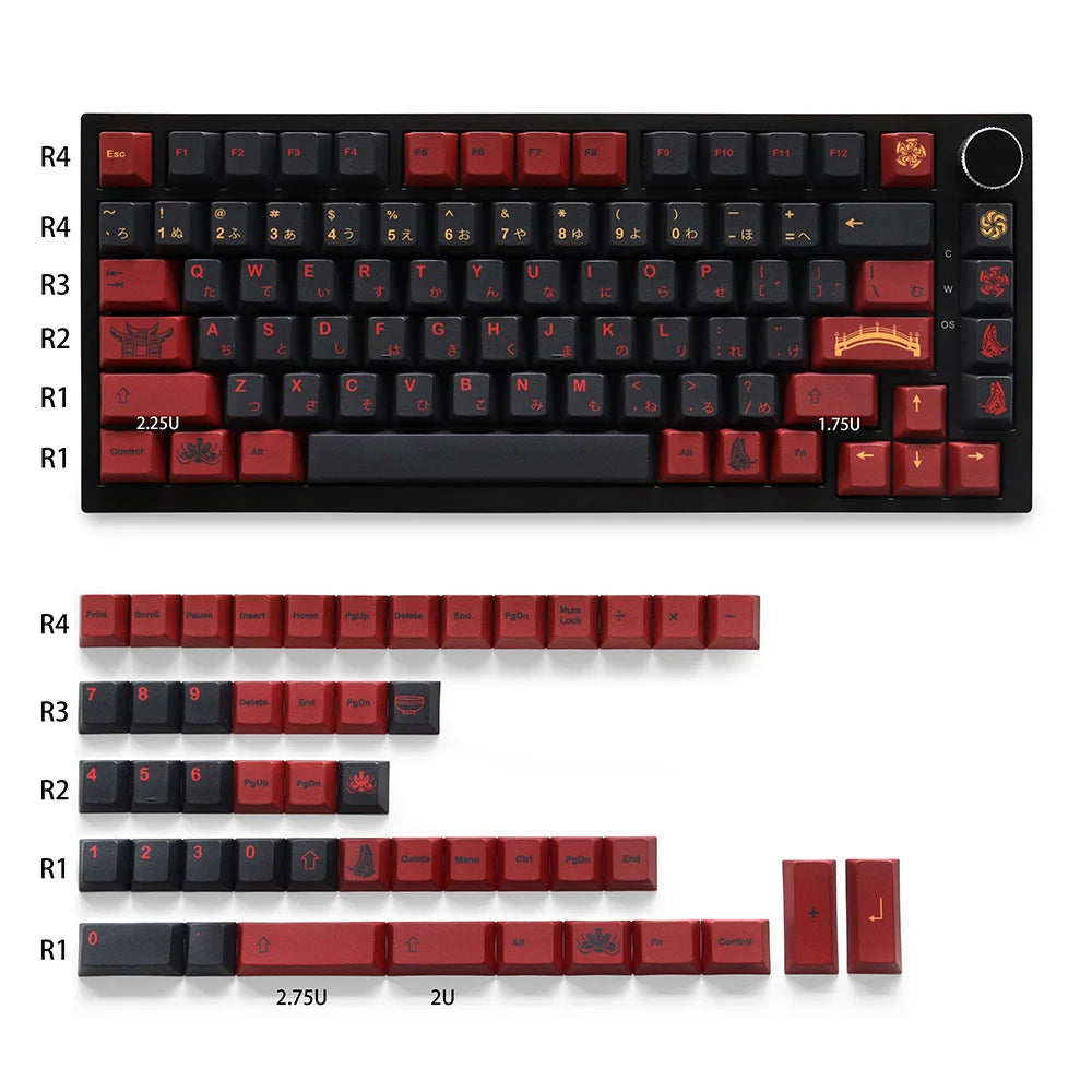 Mechanical keyboard with red and black keys on a white background