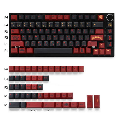 Mechanical keyboard with red and black keys on a white background