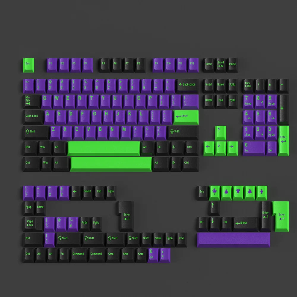 Keyboard with purple and green keys on a dark background