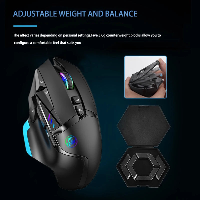Gaming mouse with adjustable weight blocks on a dark background