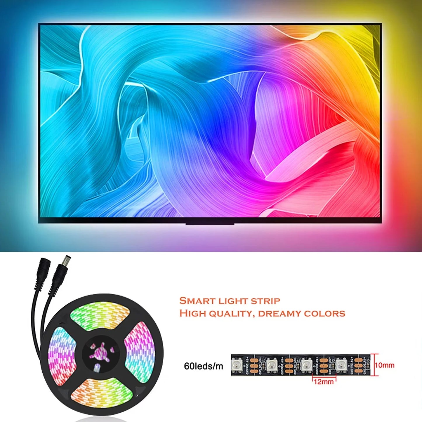 Smart light strip with colorful LED lights in front of a TV displaying a vibrant abstract pattern.