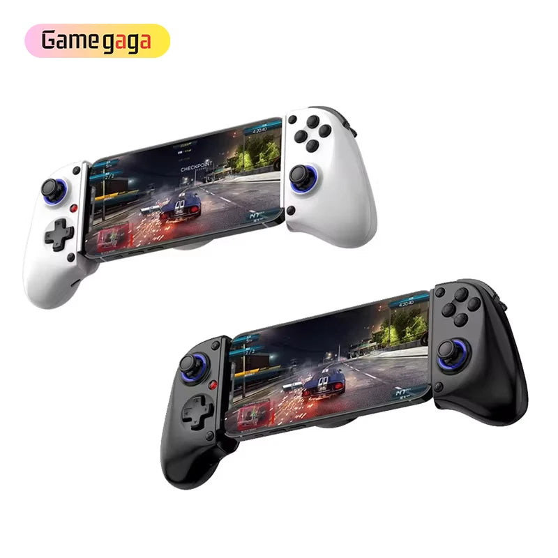 Two smartphone gaming controllers displaying a racing game on a white background with 'Gamegaga' branding.