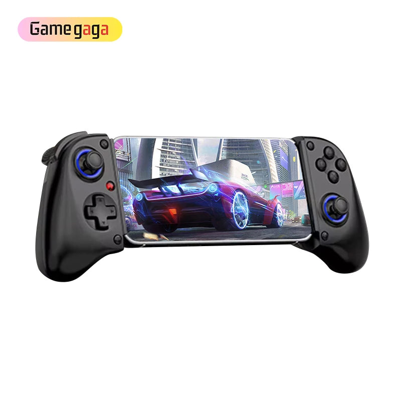 Game controller attached to a smartphone displaying a racing game, with 'Gamegaga' branding.