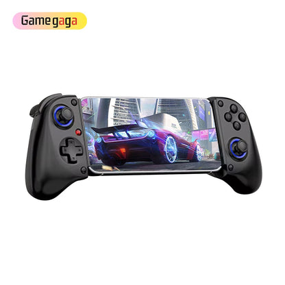 Game controller attached to a smartphone displaying a racing game, with 'Gamegaga' branding.