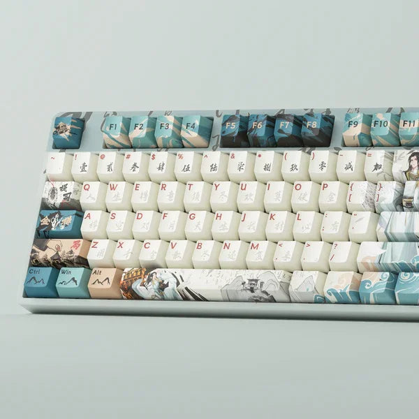 Keyboard with artistic keycaps on a light gray background