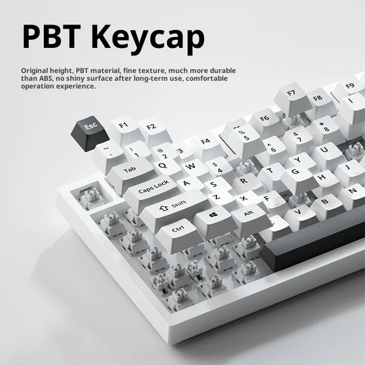 Mechanical keyboard with PBT keycaps on a light gray background