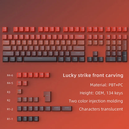 Keyboard with red and gray keys on a red background, featuring text about material and features.