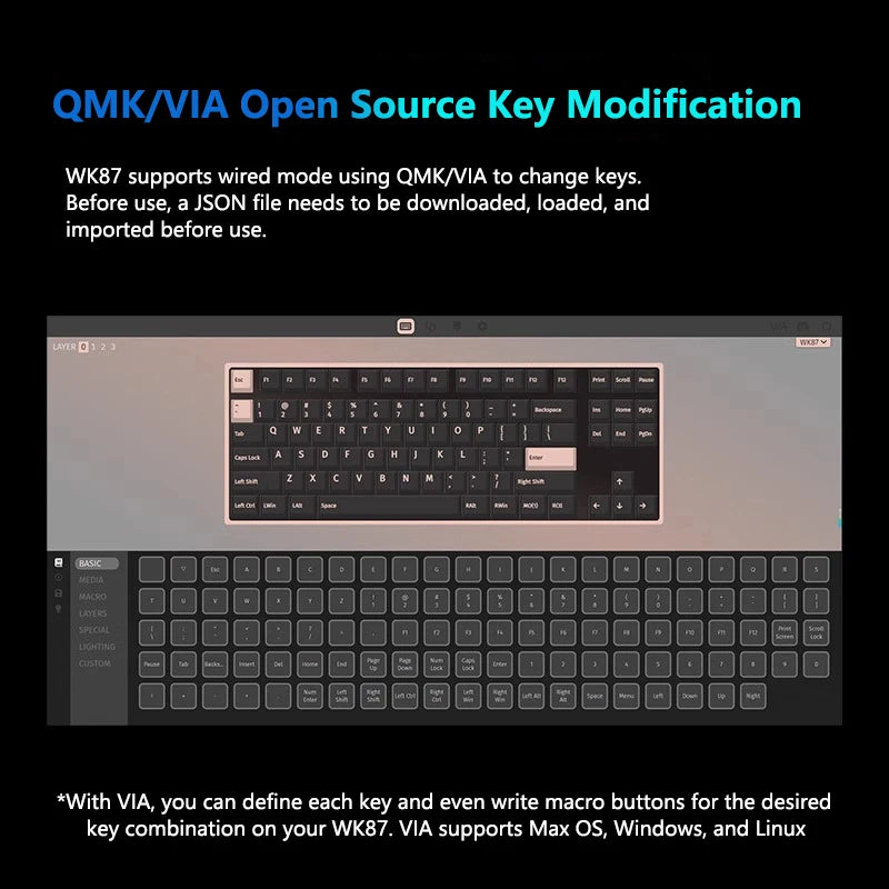 Keyboard with text about QMK/VIA open source key modification on a black background
