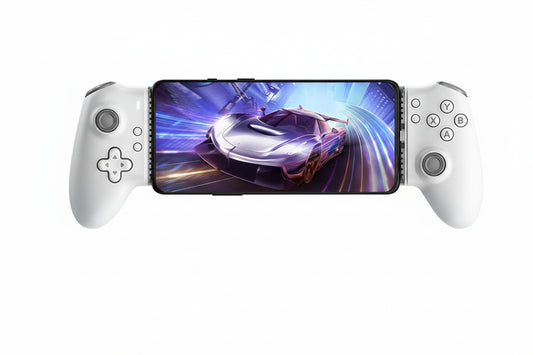 Gaming controller with smartphone displaying a racing game, branded 'Gamegaga'.