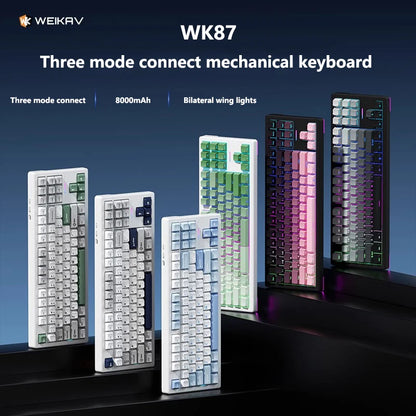 WEIKAV WK87 three mode connect mechanical keyboard with various color options on a dark background