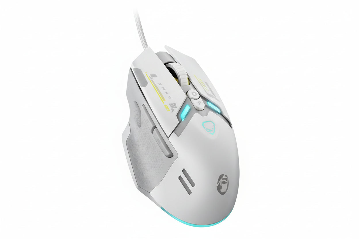 White computer mouse with blue accents on a white background