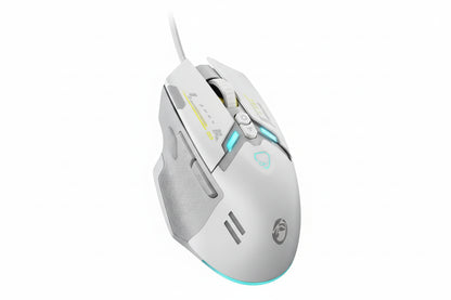 White computer mouse with blue accents on a white background