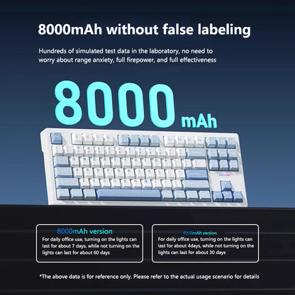 Keyboard with 8000mAh battery capacity on a dark background