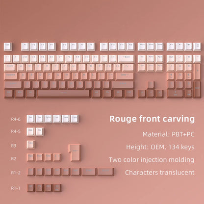 Keyboard with keycaps on a pink background, showing material and design details.