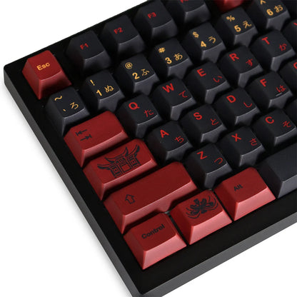Close-up of a mechanical keyboard with red and black keys on a white background