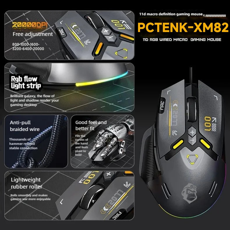 Gaming mouse with features highlighted on a black background