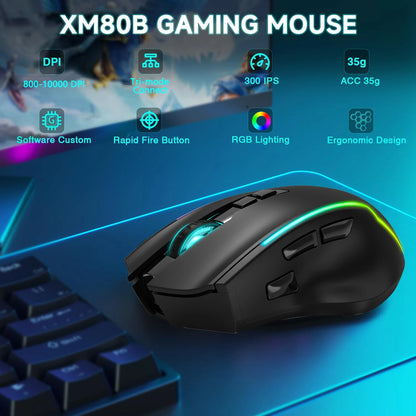 XM80B gaming mouse with features highlighted on a blue background