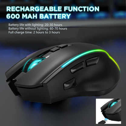Gaming mouse with RGB lighting on a dark background, highlighting rechargeable function and battery details.