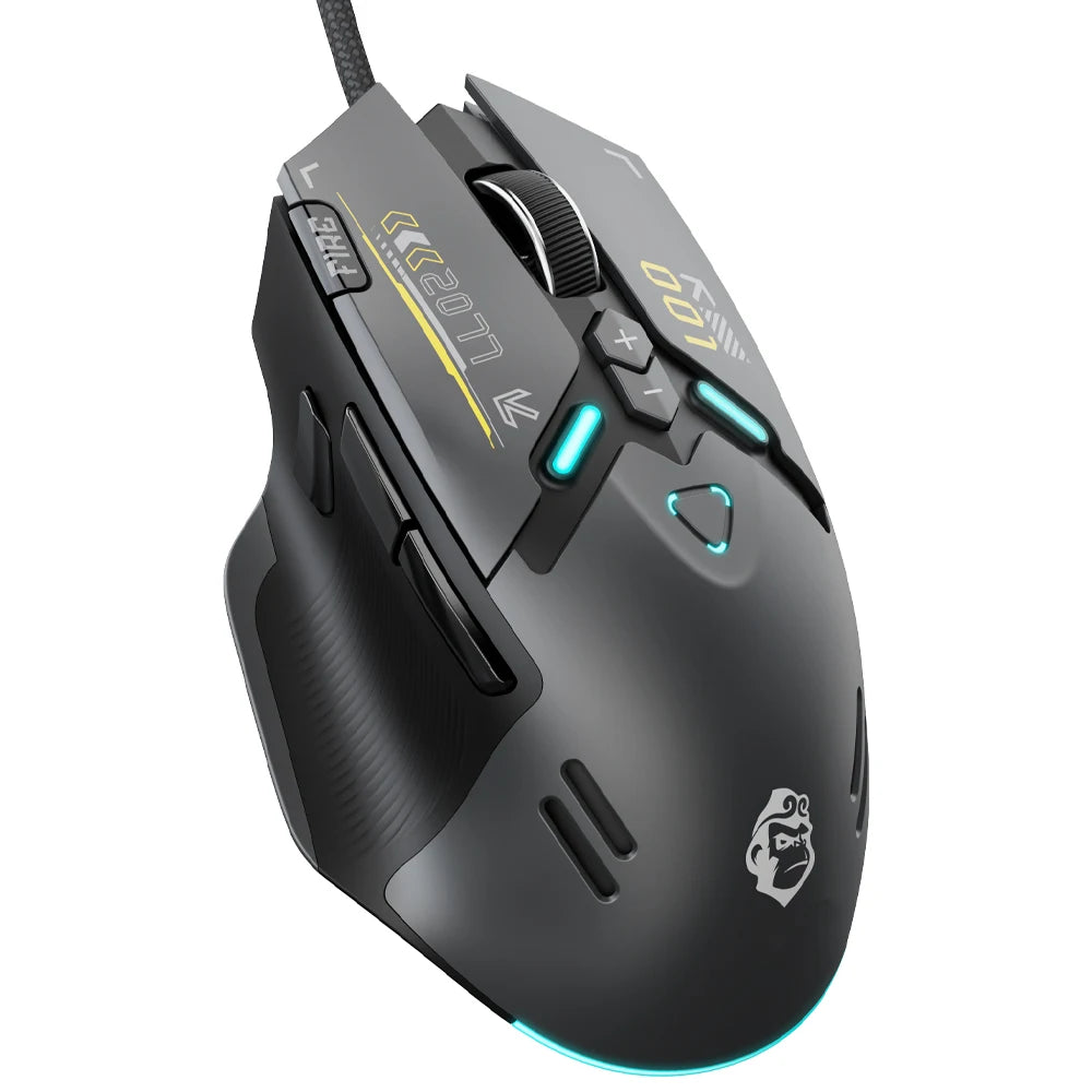 Gaming mouse with detailed controls and branding on a white background