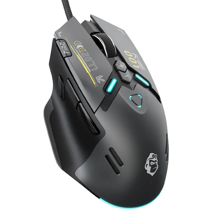 Gaming mouse with detailed controls and branding on a white background