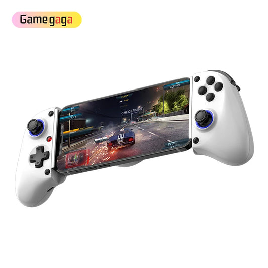 White gaming controller with smartphone displaying a racing game, branded 'Gamegaga'.