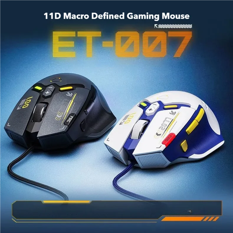 Two gaming mice, one black and one white with blue accents, on a blue background with text '11D Macro Defined Gaming Mouse ET-007'.