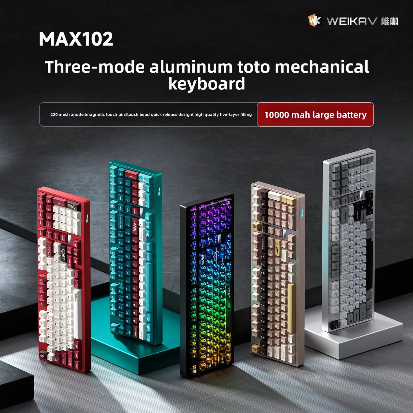 Five different models of a three-mode aluminum toto mechanical keyboard with colorful backlit keys on a dark background.