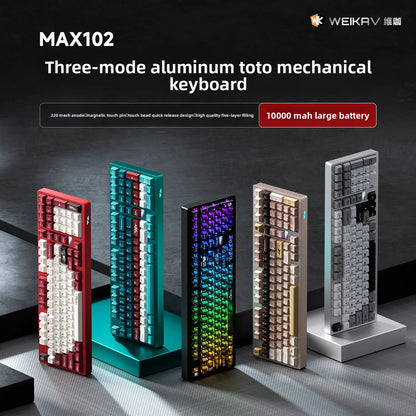 Five different models of a three-mode aluminum toto mechanical keyboard with colorful backlit keys on a dark background.