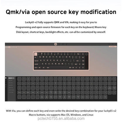 Keyboard with text about QMK and VIA open-source key modification on a white background