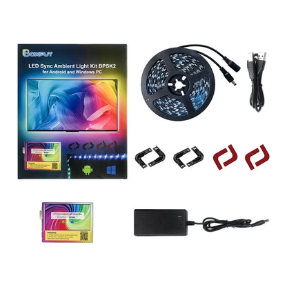 LED Sync Ambient Light Kit with packaging, LED strip, connectors, and power adapter on a white background