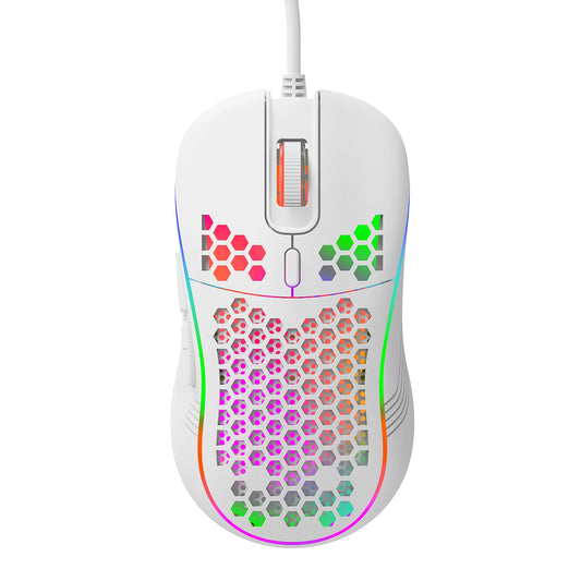 White gaming mouse with colorful honeycomb design on a white background