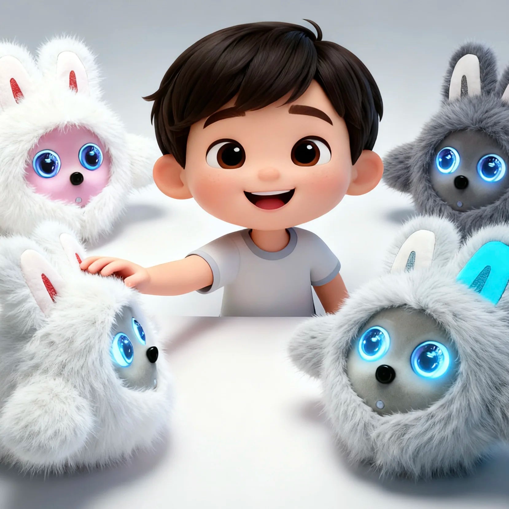Cartoon boy interacting with fluffy robot toys on a light gray background