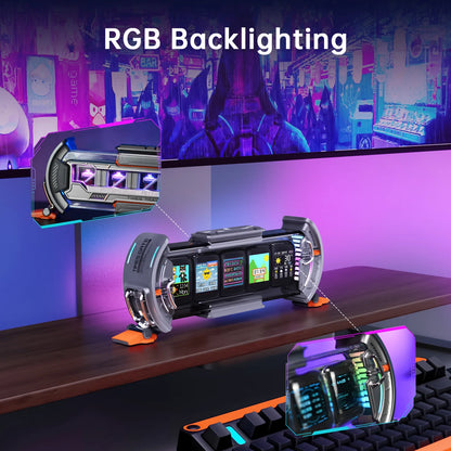 Gaming setup with RGB backlighting on a monitor, keyboard, and desk.