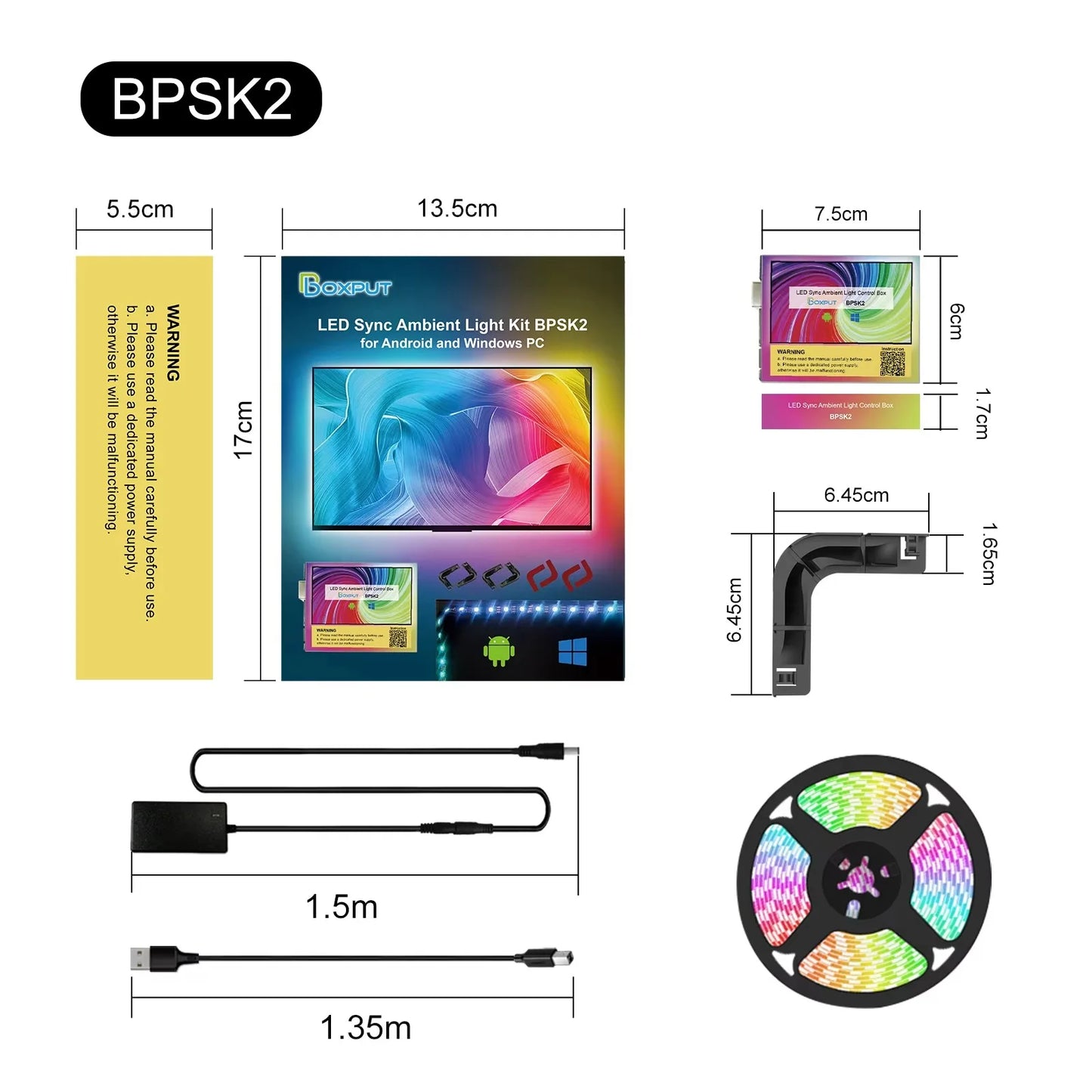 Dimensions and components of an LED sync ambient light kit with packaging on a white background.
