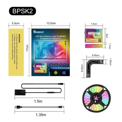 Dimensions and components of an LED sync ambient light kit with packaging on a white background.